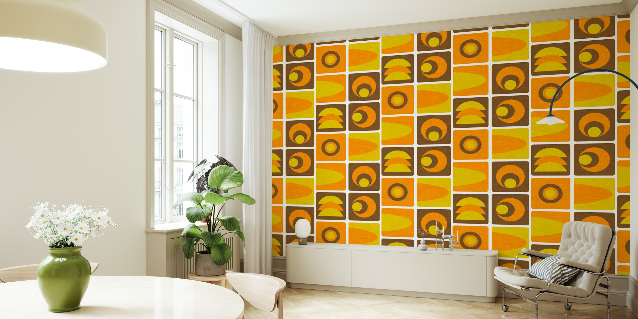 Retro 1970s inspired geometric cube pattern wall mural in orange and yellow shades.